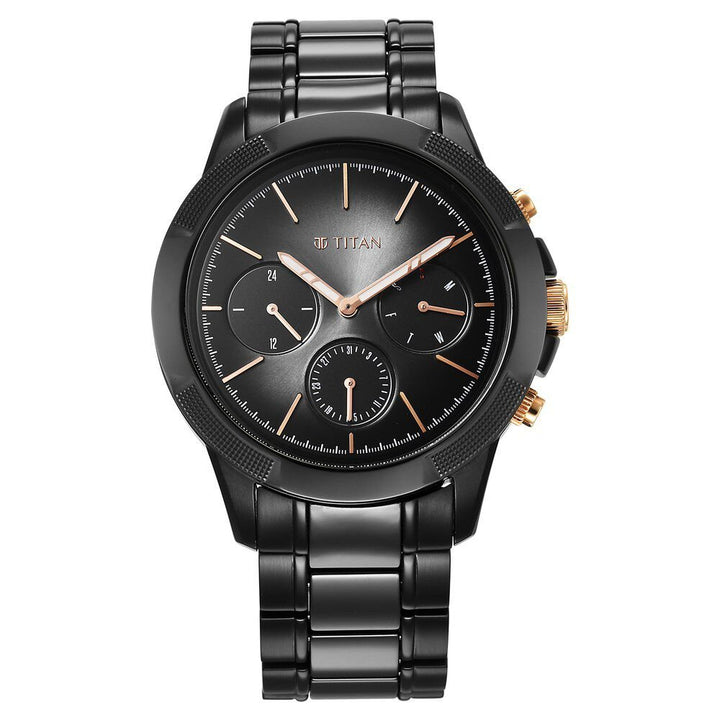 Titan Quartet Black Dial Analog with Day and Date Steel and Ceramic Strap watch for Men - The Watch Factory ®