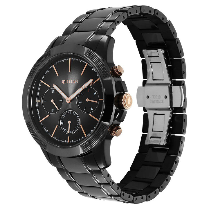 Titan Quartet Black Dial Analog with Day and Date Steel and Ceramic Strap watch for Men NS90090KD03