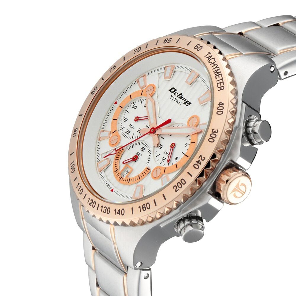 Titan Octane White Dial Chronograph Stainless Steel Strap Watch for Men-90092KM02