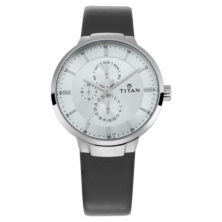 Titan Quartz Multifunction Silver Dial Leather Strap Watch for Men-NN90093SL01