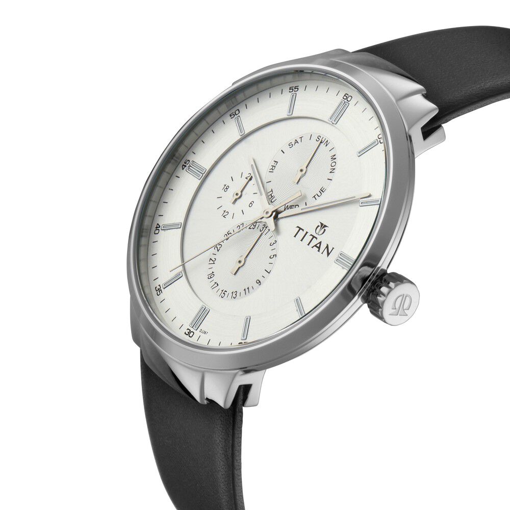 Titan Quartz Multifunction Silver Dial Leather Strap Watch for Men-NN90093SL01