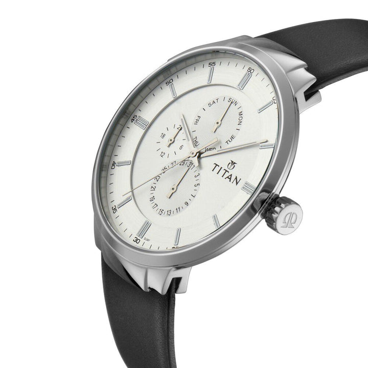 Titan Quartz Multifunction Silver Dial Leather Strap Watch for Men-NN90093SL01