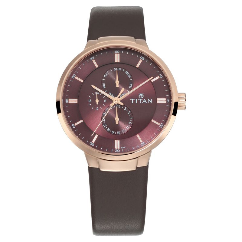 Titan Workwear Maroon Dial Quartz Multifunction Leather Strap Watch For Men
