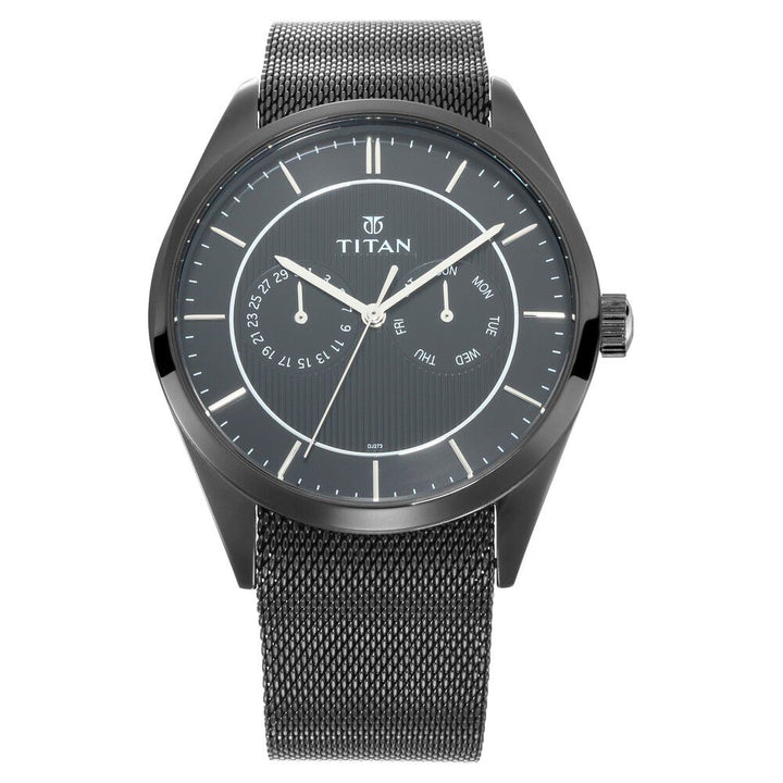 Titan Quartz Multifunction Black Dial Stainless Steel Strap Watch for Men-NN90098NM01
