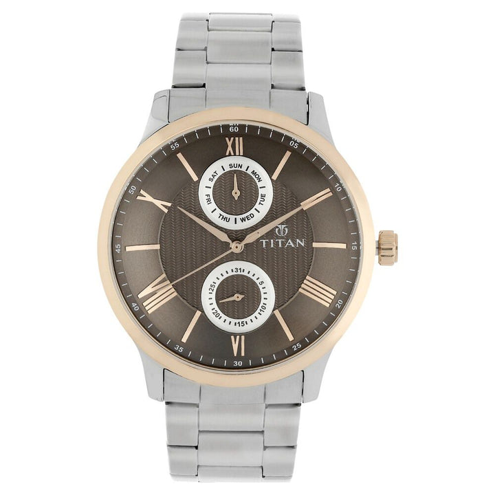 Titan Quartz Multifunction Brown Dial Stainless Steel Strap Watch for Men-NN90100KM01