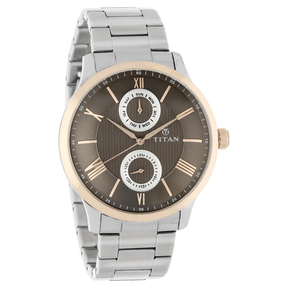 Titan Quartz Multifunction Brown Dial Stainless Steel Strap Watch for Men-NN90100KM01