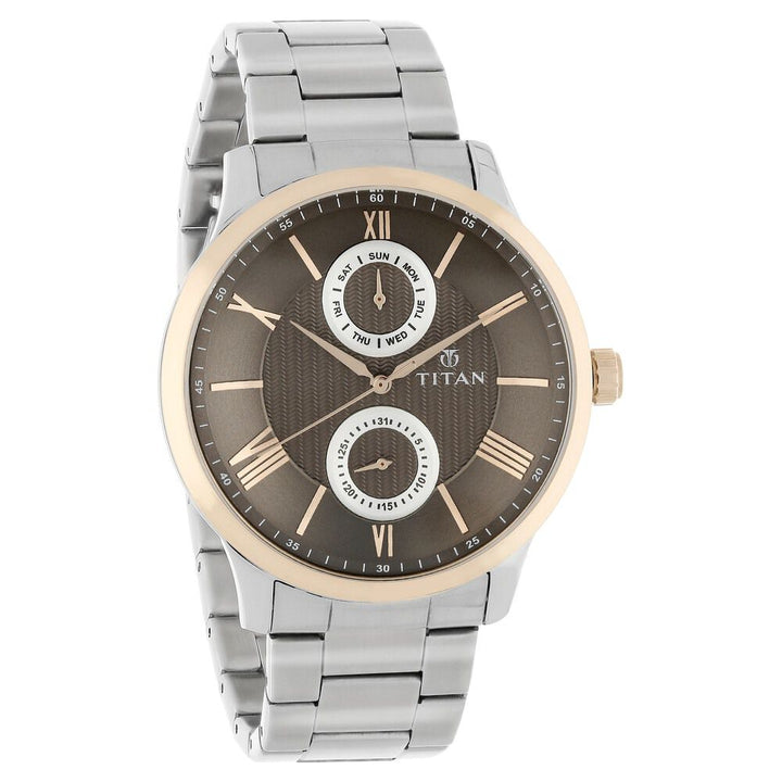 Titan Quartz Multifunction Brown Dial Stainless Steel Strap Watch for Men-NN90100KM01