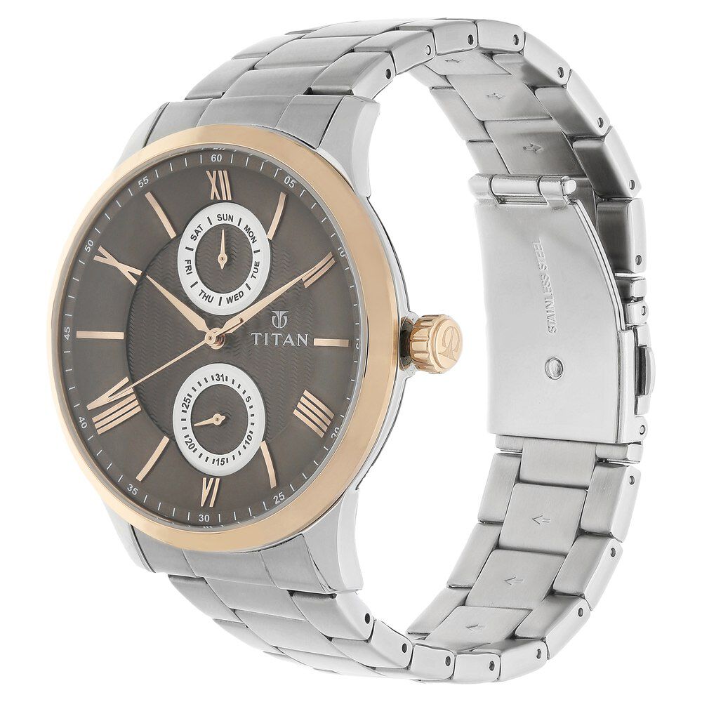 Titan Quartz Multifunction Brown Dial Stainless Steel Strap Watch for Men-NN90100KM01