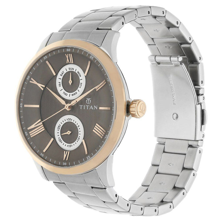 Titan Quartz Multifunction Brown Dial Stainless Steel Strap Watch for Men-NN90100KM01