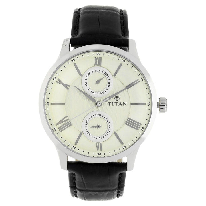 Titan On Trend Silver Dial Quartz Multifunction Leather Strap watch for Men-NM90100SL01