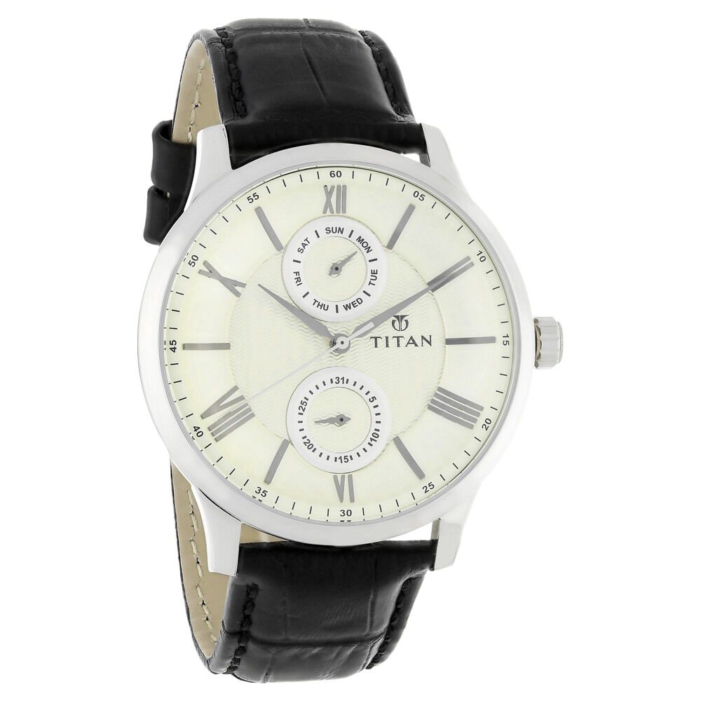 Titan On Trend Silver Dial Quartz Multifunction Leather Strap watch for Men-NM90100SL01