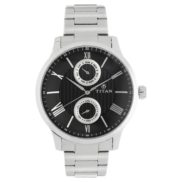 Titan Quartz Multifunction Black Dial Stainless Steel Strap Watch for Men-NM90100SM01