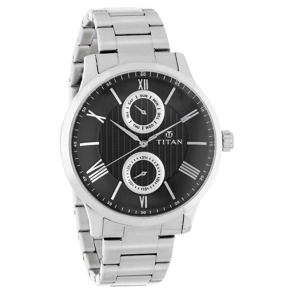 Titan Quartz Multifunction Black Dial Stainless Steel Strap Watch for Men-NM90100SM01