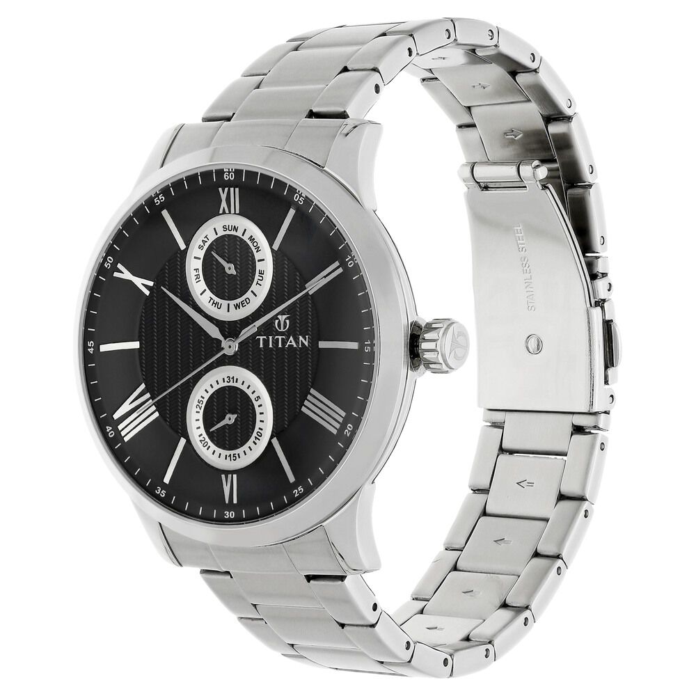 Titan Quartz Multifunction Black Dial Stainless Steel Strap Watch for Men-NM90100SM01
