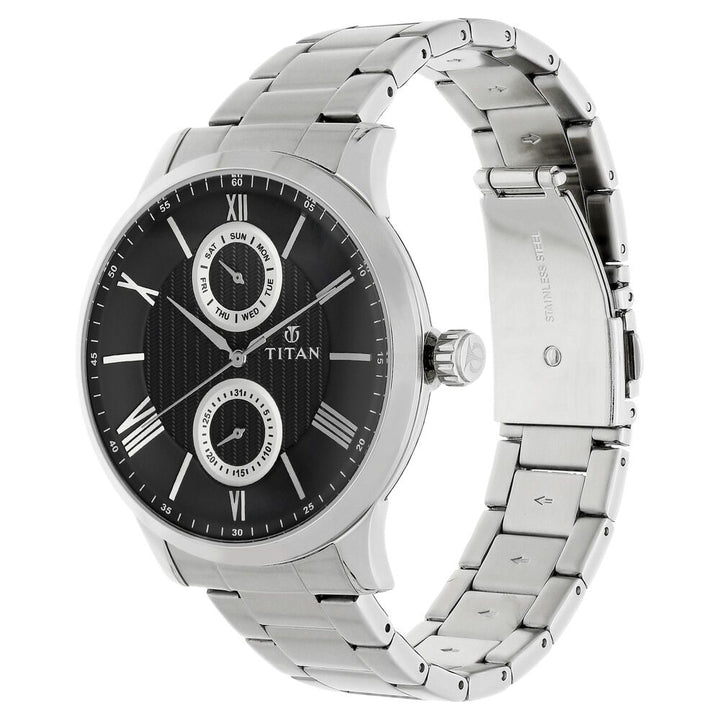 Titan Quartz Multifunction Black Dial Stainless Steel Strap Watch for Men-NM90100SM01