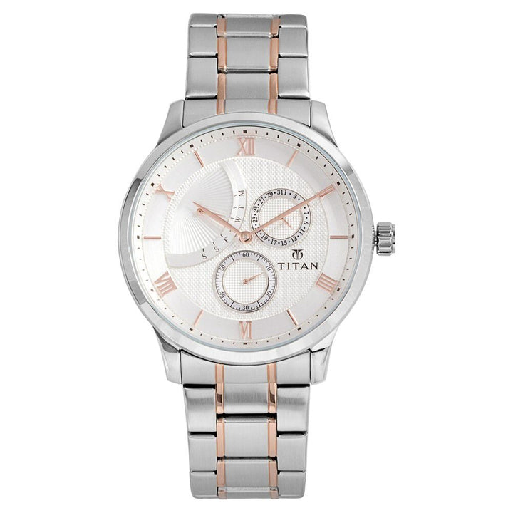 Titan Quartz Multifunction White Dial Stainless Steel Strap Watch for Men-NQ90101KM01