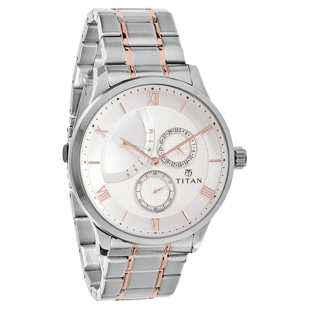Titan Quartz Multifunction White Dial Stainless Steel Strap Watch for Men-NQ90101KM01