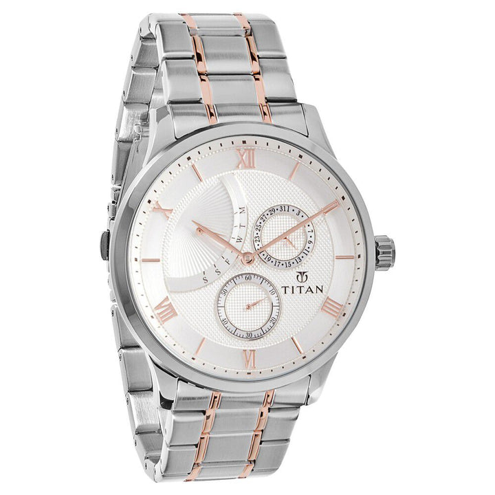 Titan Quartz Multifunction White Dial Stainless Steel Strap Watch for Men-NQ90101KM01