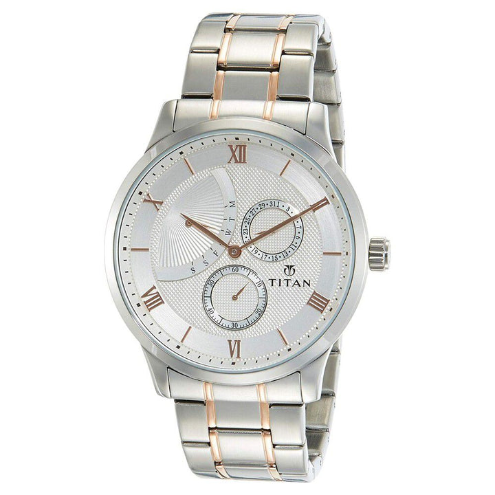 Titan Quartz Multifunction White Dial Stainless Steel Strap Watch for Men-NQ90101KM01