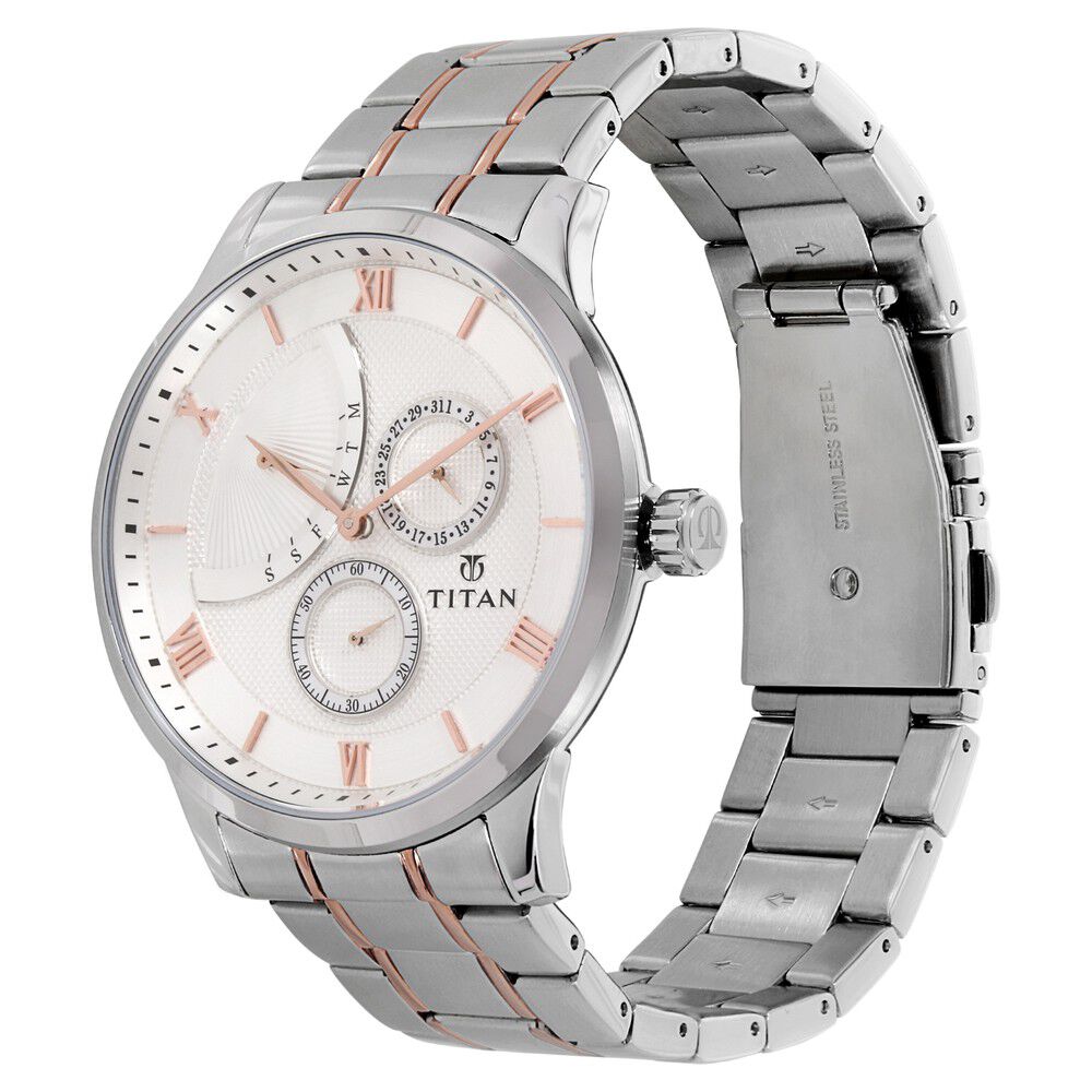 Titan Quartz Multifunction White Dial Stainless Steel Strap Watch for Men-NQ90101KM01
