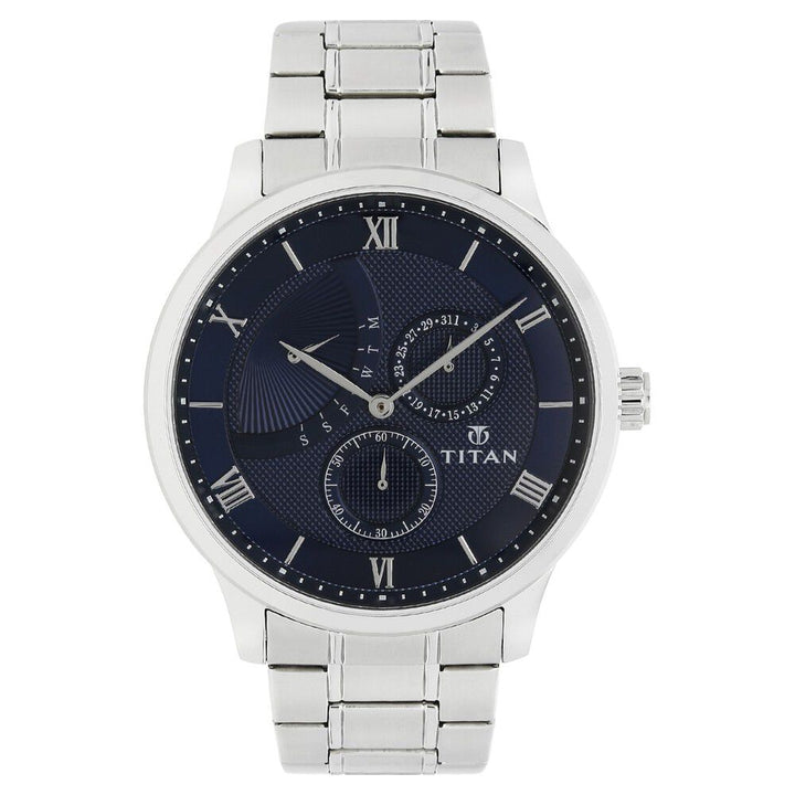 Titan Quartz Multifunction Blue Dial Stainless Steel Strap Watch for Men-NN90101SM01