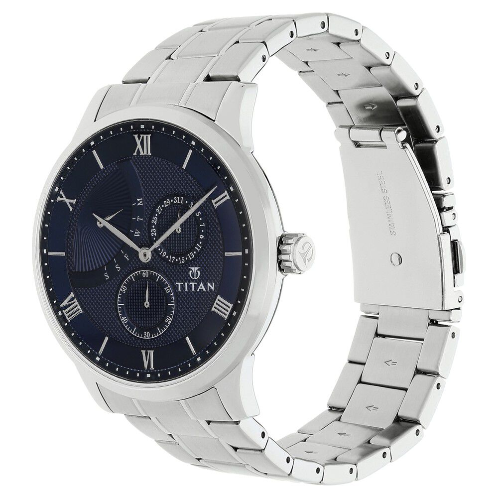 Titan Quartz Multifunction Blue Dial Stainless Steel Strap Watch for Men-NN90101SM01