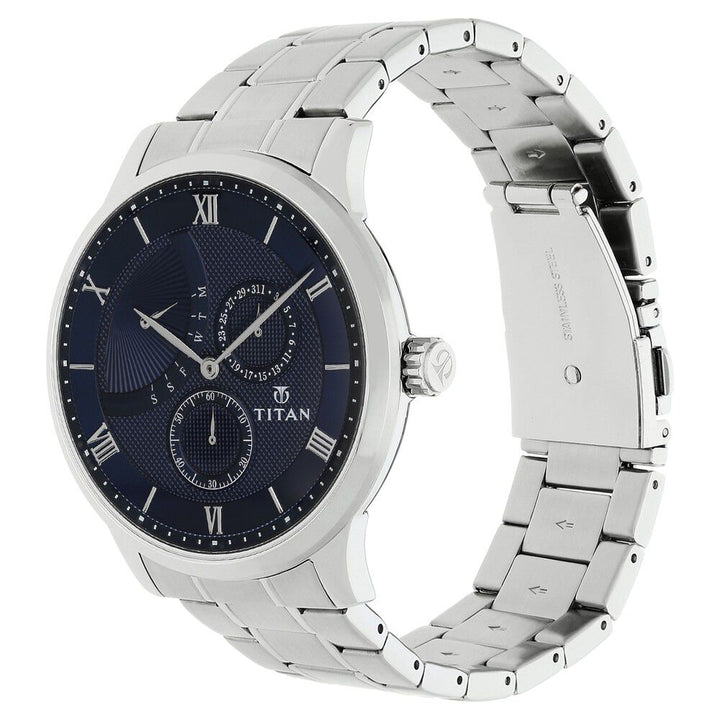 Titan Quartz Multifunction Blue Dial Stainless Steel Strap Watch for Men-NN90101SM01