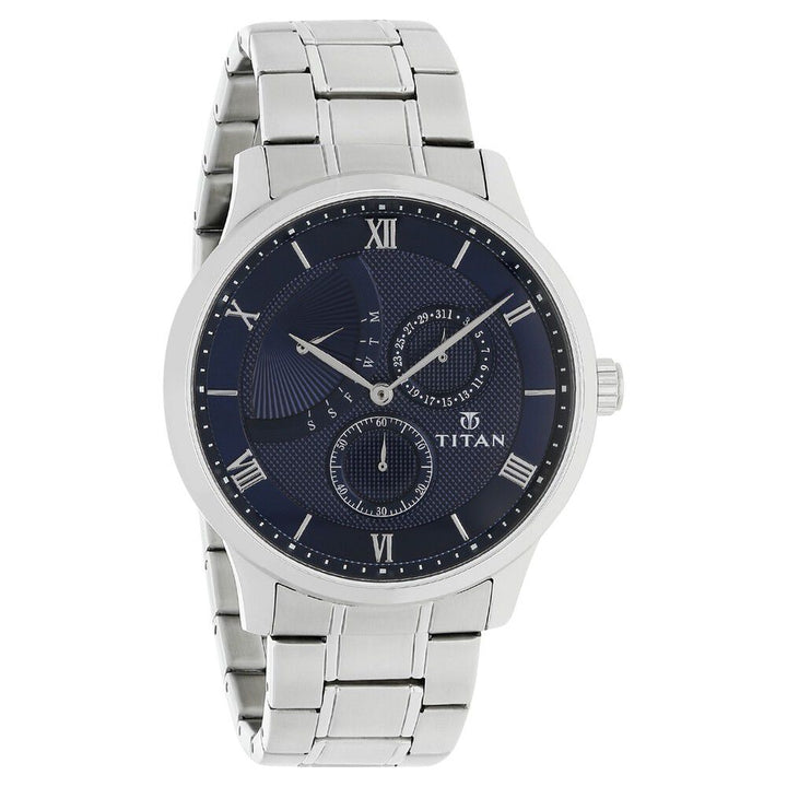 Titan Quartz Multifunction Blue Dial Stainless Steel Strap Watch for Men-NN90101SM01