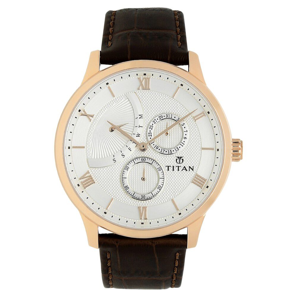 Titan Quartz Multifunction White Dial Leather Strap Watch for Men-NN90101WL01
