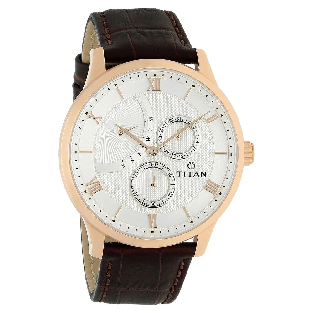 Titan Quartz Multifunction White Dial Leather Strap Watch for Men-NN90101WL01