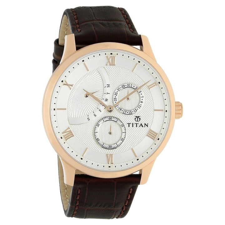 Titan Quartz Multifunction White Dial Leather Strap Watch for Men-NN90101WL01