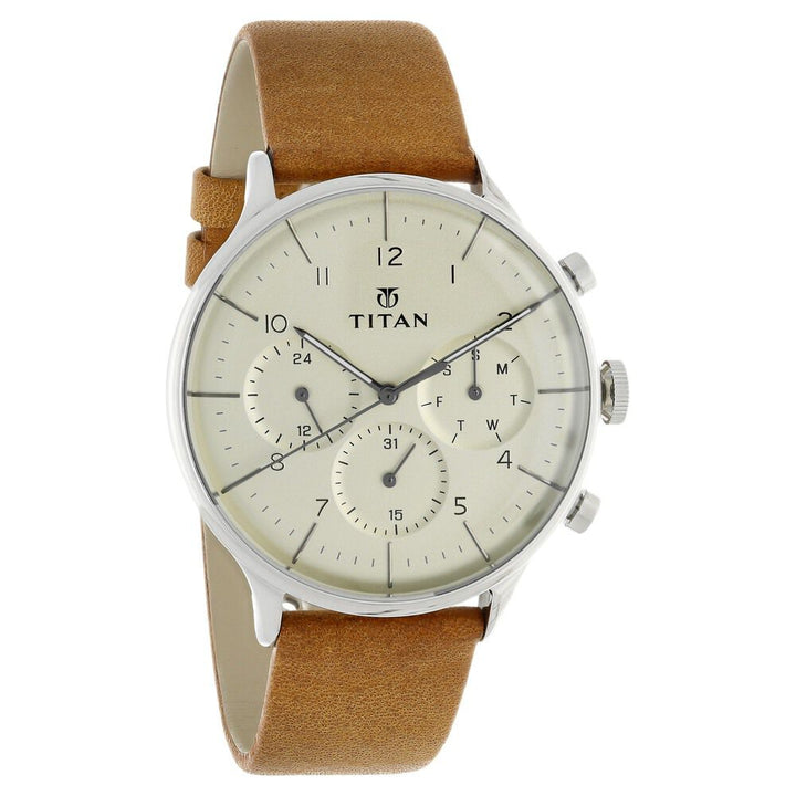 Titan Quartz Multifunction Silver Dial Leather Strap Watch for Men NS90102SL01
