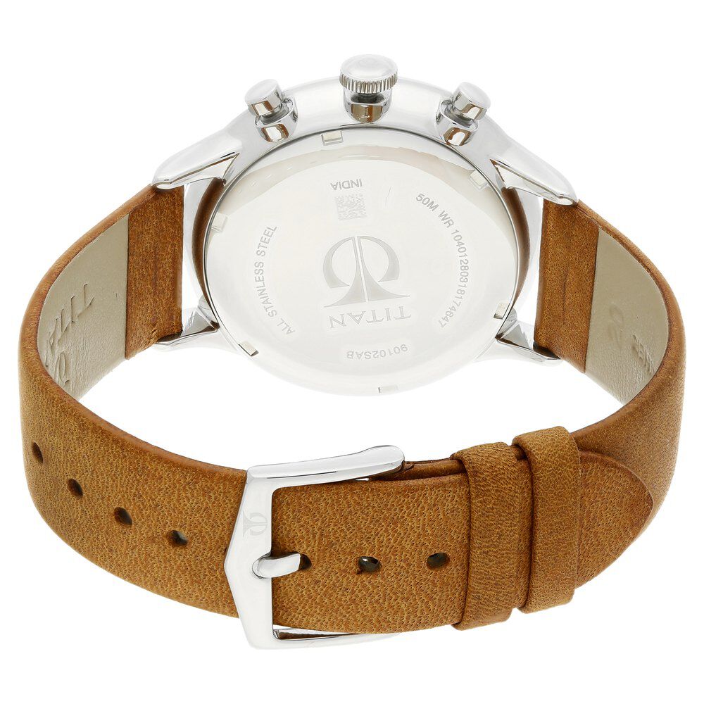 Titan Quartz Multifunction Silver Dial Leather Strap Watch for Men NS90102SL01