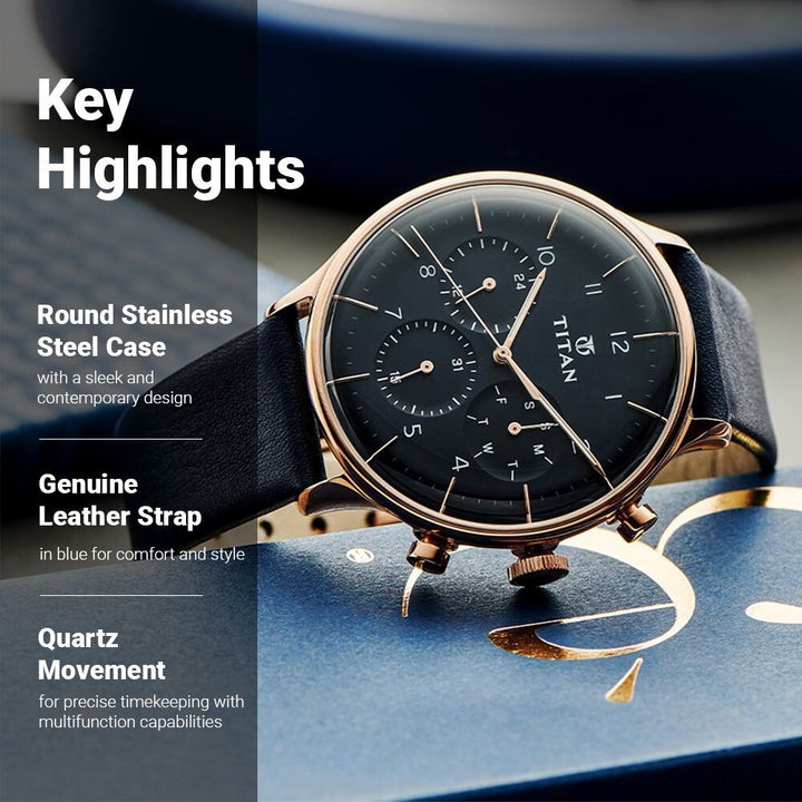 Titan Quartz Multifunction Blue Dial Leather Strap Watch for Men - The Watch Factory ®