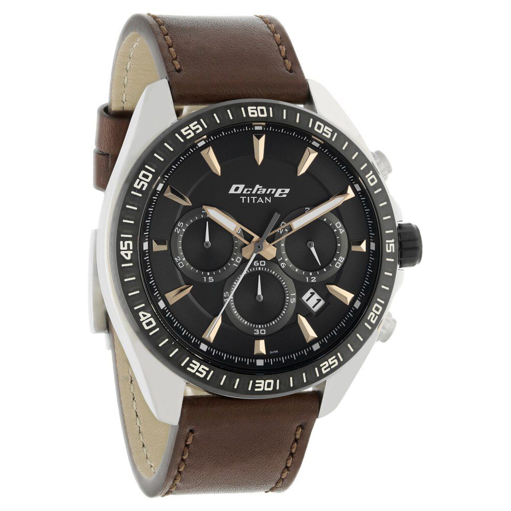 Titan Octane Black Dial Chronograph Leather Strap watch for Men NS90103KL01