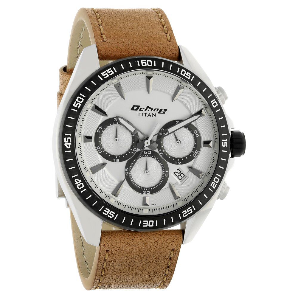 Titan Octane White Dial Chronograph Leather Strap watch for Men-NP90103KL02