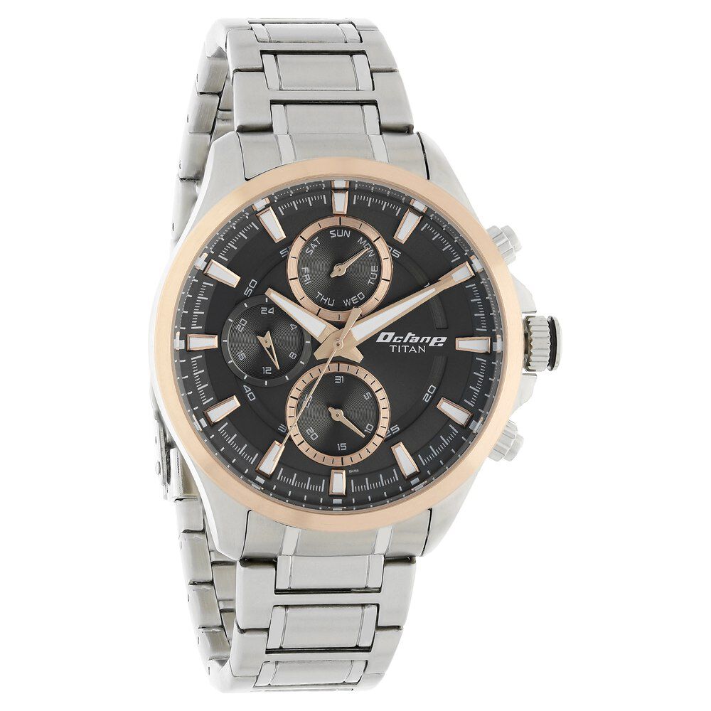 Titan Octane Black Dial Quartz Multifunction Stainless Steel Strap watch for Men NS90104KM02