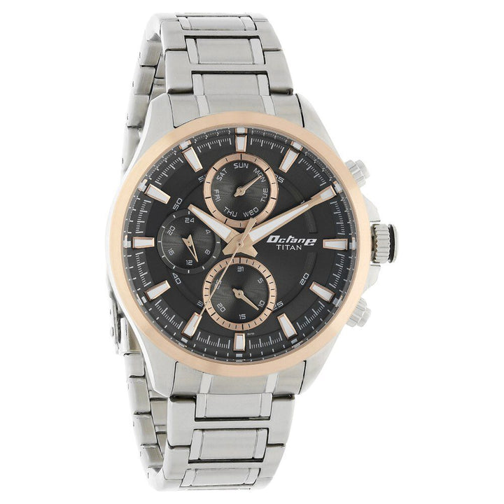Titan Octane Black Dial Quartz Multifunction Stainless Steel Strap watch for Men NS90104KM02
