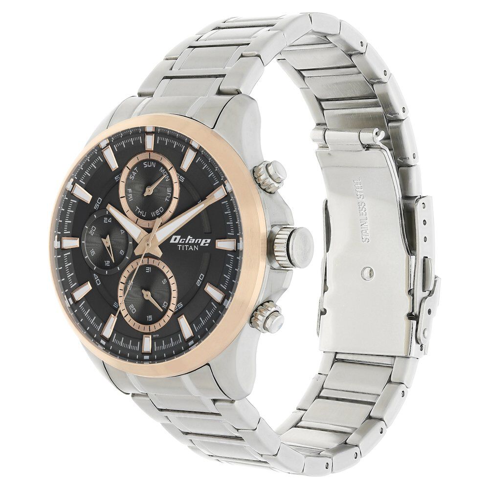 Titan Octane Black Dial Quartz Multifunction Stainless Steel Strap watch for Men NS90104KM02