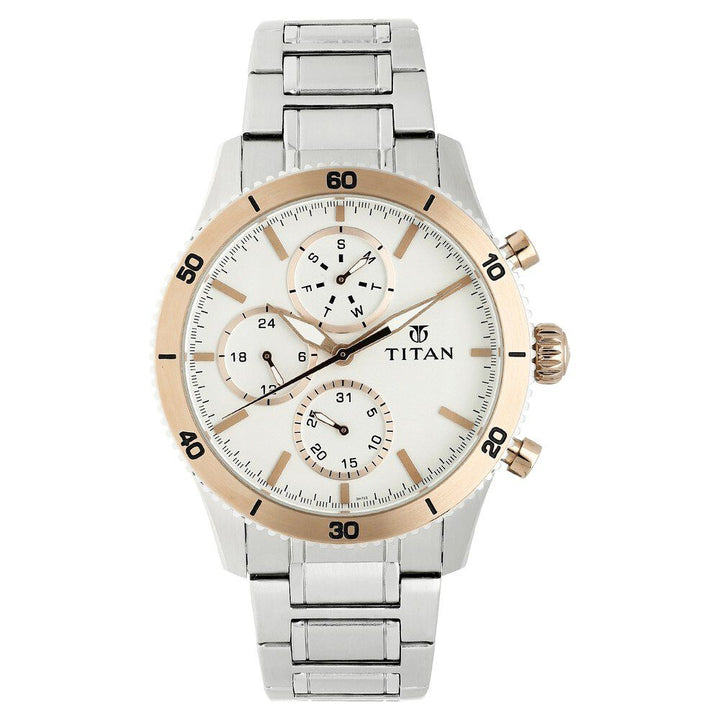 Titan Quartz Chronograph Silver Dial Stainless Steel Strap Watch for Men-NR90105KM02