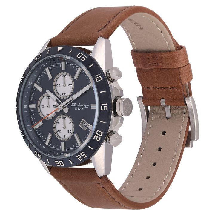 Titan Octane Blue Dial Chronograph Leather Strap watch for Men-NP90106KL01