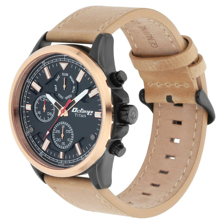 Titan Quartz Multifunction Black Dial Leather Strap Watch for Men-90107KL01