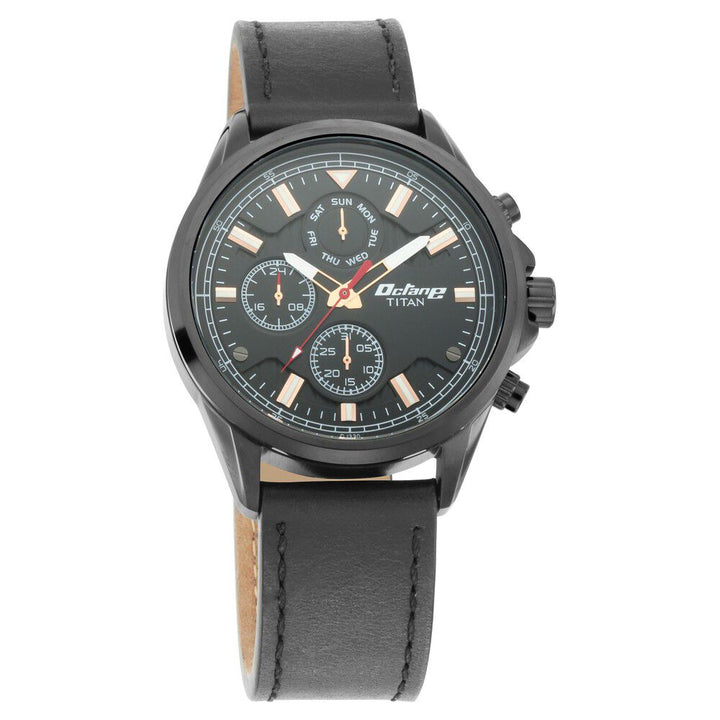 Titan Quartz Multifunction Black Dial Leather Strap Watch for Men-90107NL01
