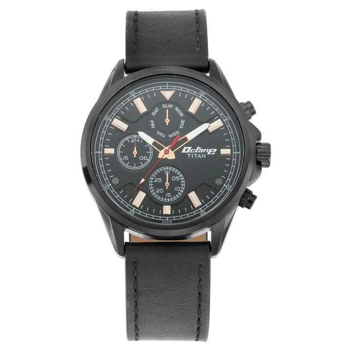 Titan Quartz Multifunction Black Dial Leather Strap Watch for Men-90107NL01