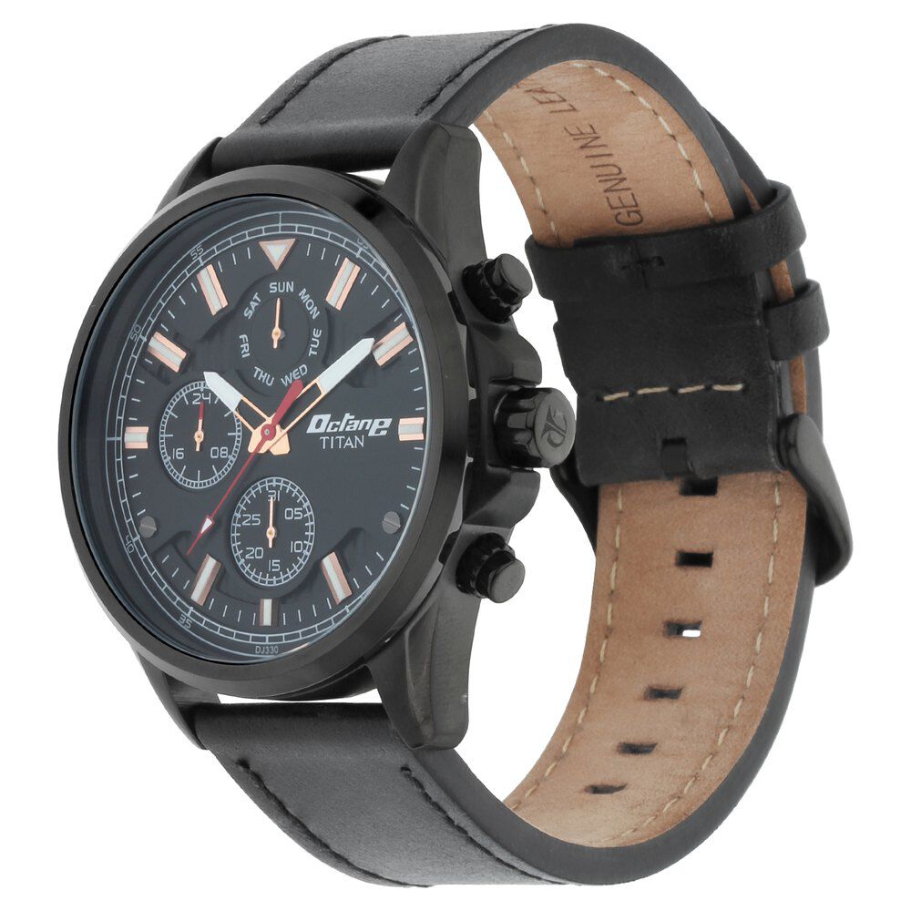 Titan Quartz Multifunction Black Dial Leather Strap Watch for Men-90107NL01