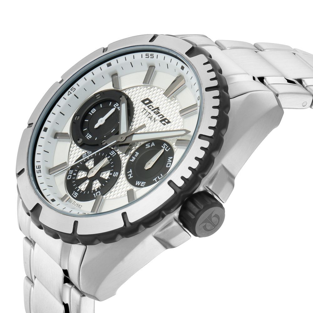 Titan Quartz Multifunction Silver Dial Stainless Steel Strap Watch for Men-NS90109KM01