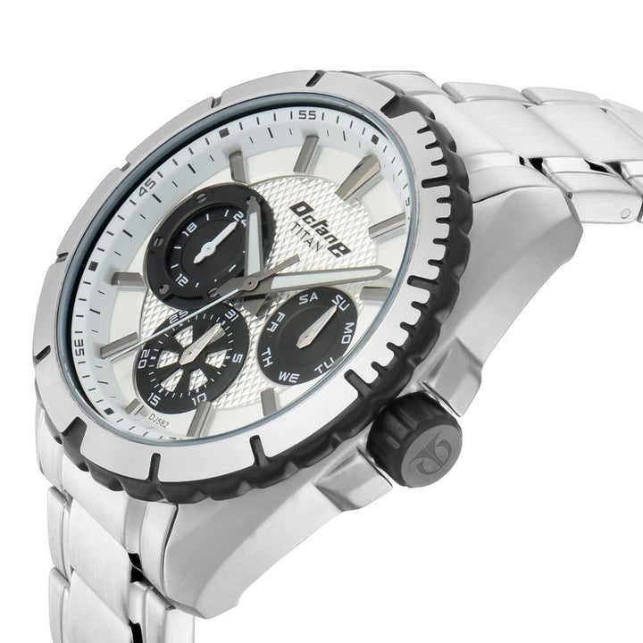 Titan Quartz Multifunction Silver Dial Stainless Steel Strap Watch for Men-NS90109KM01
