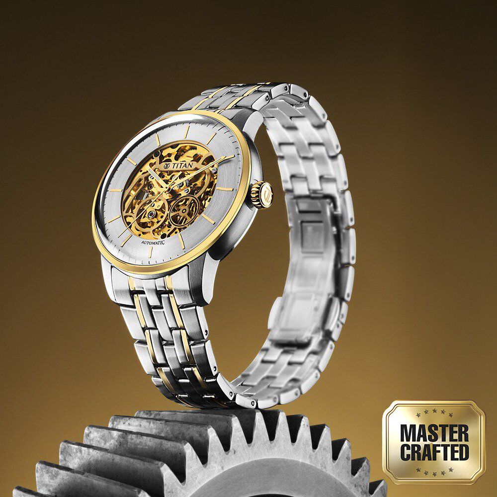 Titan Golden Heart Skeletal Automatic Analog with Silver Dial Dual-Tone Stainless Steel Strap Watch for Men-90110BM01