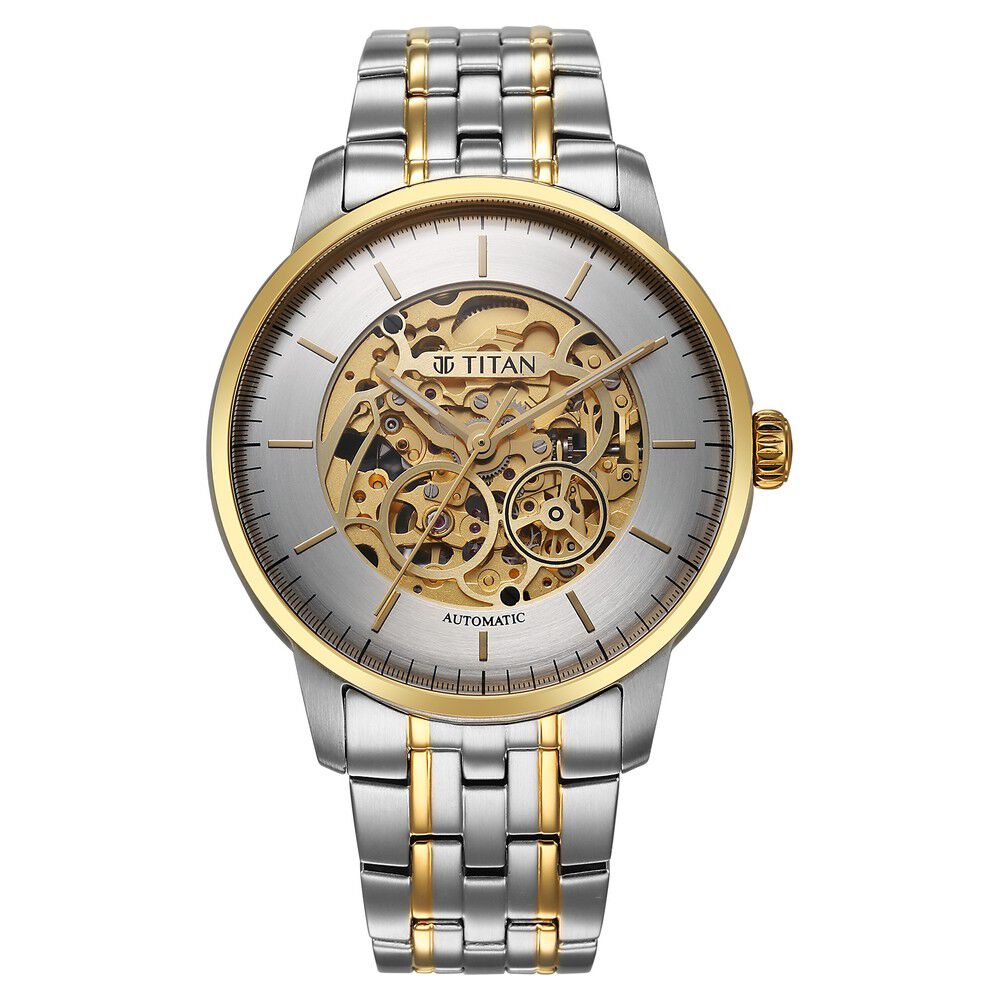 Titan Golden Heart Skeletal Automatic Analog with Silver Dial Dual-Tone Stainless Steel Strap Watch for Men-90110BM01