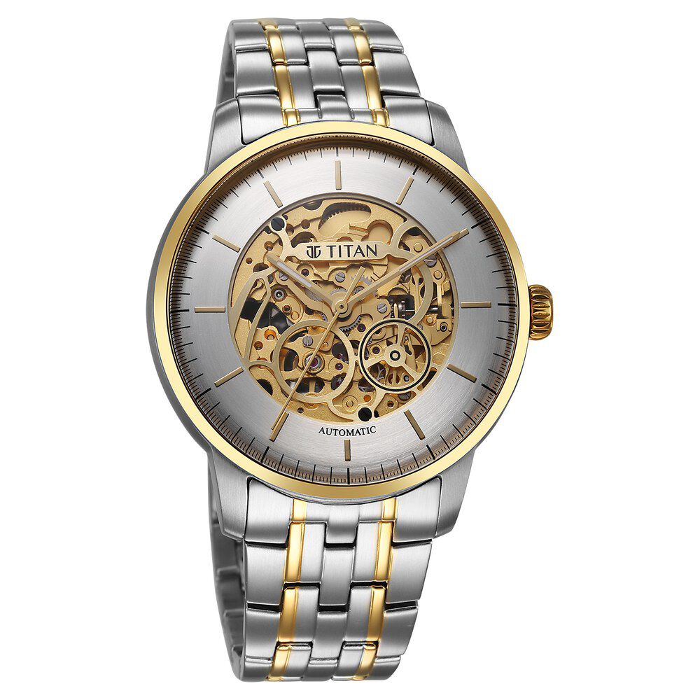 Titan Golden Heart Skeletal Automatic Analog with Silver Dial Dual-Tone Stainless Steel Strap Watch for Men-90110BM01